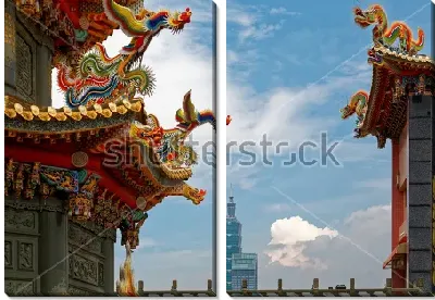 Модульная картина Вид на красочные карнизы тайваньского храма, украшенного скульптурами Драконов и Фениксов, на фоне небоскрёбов современного города вдали