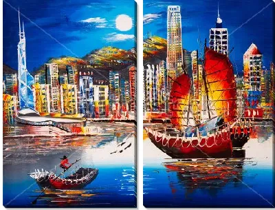 Ночная гавань Виктория в Гонконге с парусником и лодкой на фоне небоскрёбов