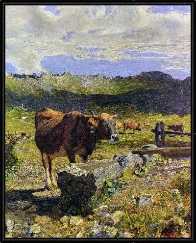 Картина Коричневая корова у корыта (Brown Cow in the Waterhole)