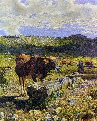 Картина Коричневая корова у корыта (Brown Cow in the Waterhole)