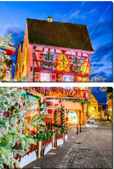 Модульная картина Традиционные эльзасские фахверковые дома, украшенные разноцветными гирляндами к Рождеству (Кольмар, Франция)