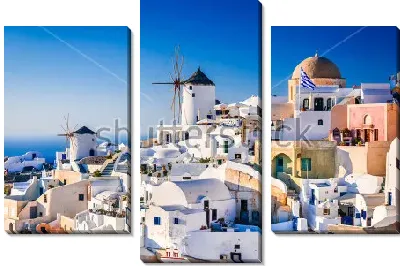 Модульная картина Прекрасный город Ия с бело-голубыми домами и мельницами на побережье Эгейского моря (о.Санторини, Греция)