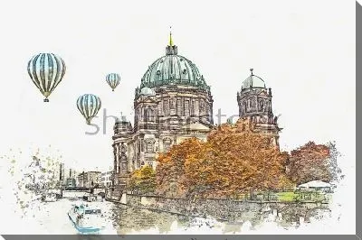 Воздушные шары летят в небе у Кафедрального собора в Берлине