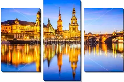 Модульная картина Закат на реке Эльбе с видом на Собор Святой Троицы в Дрездене