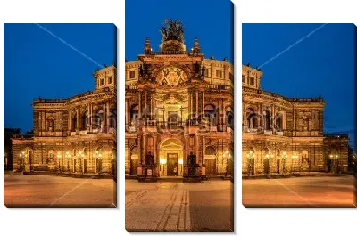 Модульная картина Знаменитый оперный театр Земпера в Дрездене, в ночном ярком освещении
