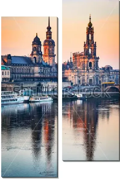 Модульная картина Красивый закат над главными соборами Дрездена, отражающимися в Эльбе