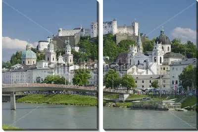 Модульная картина Панорама исторического центра Зальцбурга с крепостью на вершине холма и старым городом с соборами и дворцами