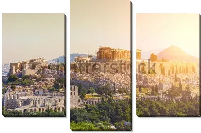 Панорама древнего города в Афинах с Храмом Парфенона на Акрополе