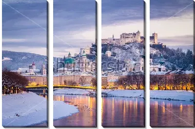 Модульная картина Красивый зимний пейзаж с видом на исторический центр Зальцбурга с крепостью Хоэнзальцбург