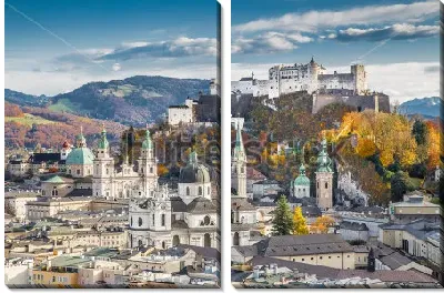 Городской осенний пейзаж с видом на крепость Хоэнзальцбург в Зальцбурге