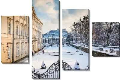 Модульная картина Красивый зимний пейзаж Зальцбурга с видом на сад Мирабель и крепость вдали