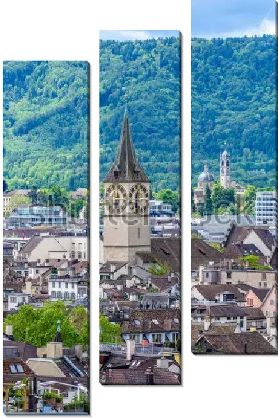 Модульная картина Вид на исторический центр Цюриха с часовней собора Святого Петра в центре на фоне красивого горного пейзажа