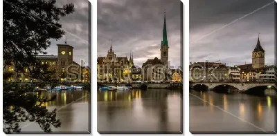Модульная картина Вид на Старый город Цюриха со стороны реки Лиммат в вечернее время