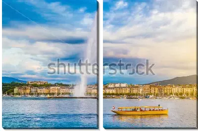 Модульная картина Прекрасная панорама Женевы со стороны Женевского озера с фонтаном Же-До