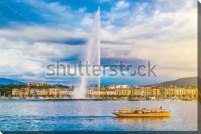 Постер Прекрасная панорама Женевы со стороны Женевского озера с фонтаном Же-До