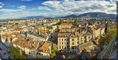 Постер Красивая панорама старого города Женевы в солнечный день