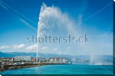 Постер Знаменитый фонтан Же-До на Женевском озере и панорама Женевы на дальнем плане