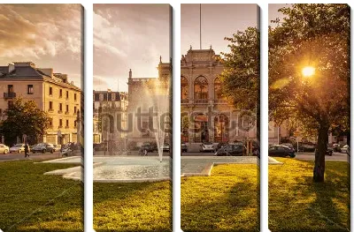 Модульная картина Красивый вид на здание Женевской консерватории с фонтаном на первом плане