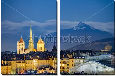 Модульная картина Огни вечерней Женевы с видом на Монблан