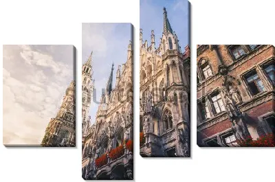 Модульная картина Красивый вид на башни Новой ратуши в солнечных лучах