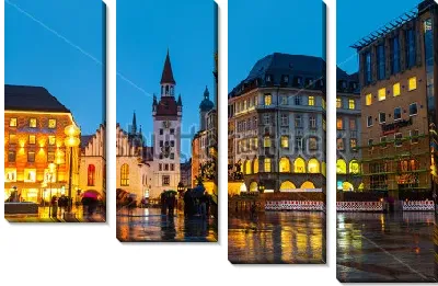 Модульная картина Старая Ратуша на площади Мариенплац в красивом ночном освещении 