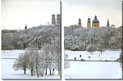 Красивый зимний пейзаж Мюнхена с башнями и куполами соборов на дальнем плане
