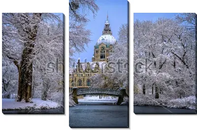 Модульная картина Красивый зимний пейзаж с видом на Новую ратушу Ганновера со стороны пруда