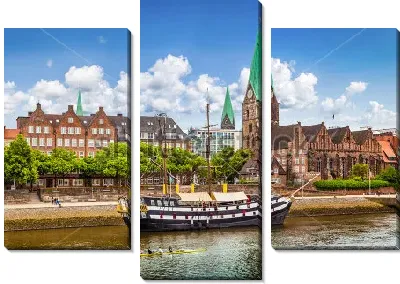 Модульная картина Красивая набережная реки Везер со старым парусным судном в исторический центре Бремена