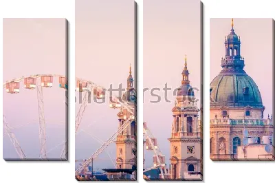 Модульная картина Городской пейзаж Будапешта с колесом обозрения на фоне куполов Базилики Святого Иштвана на розовом закатном небе
