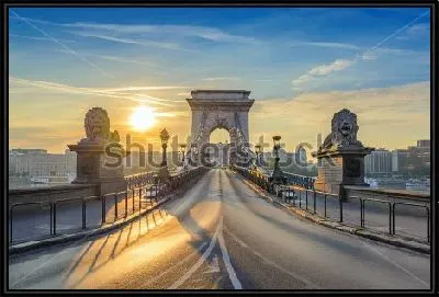 Прекрасный вид на Цепной мост через Дунай со львами в лучах восходящего солнца в центре Будапешта