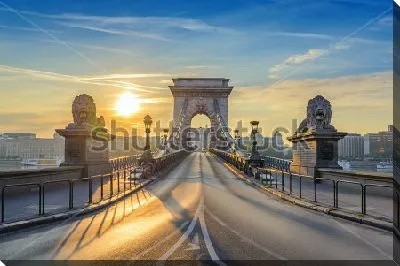 Прекрасный вид на Цепной мост через Дунай со львами в лучах восходящего солнца в центре Будапешта