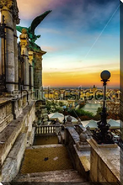 Постер Красивая панорама вечернего Будапешта с памятниками архитектуры