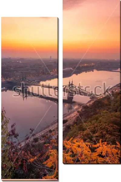 Модульная картина Панорама Будапешта с горы Геллерт на восходе солнца осенним утром