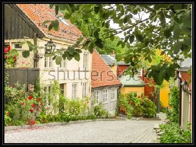 Картина Красивые деревянные дома на улице в историческом центре Осло