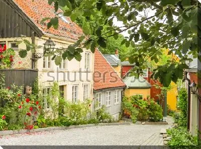 Постер Красивые деревянные дома на улице в историческом центре Осло