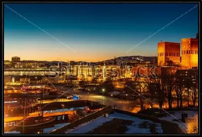 Картина Красивая вечерняя панорама Осло с красивой подсветкой зданий