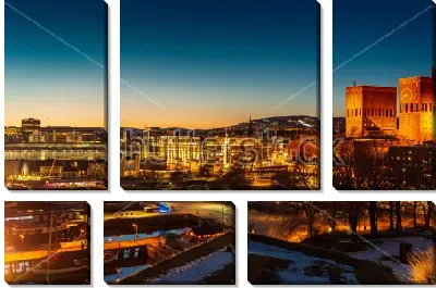 Красивая вечерняя панорама Осло с красивой подсветкой зданий