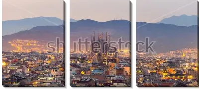 Модульная картина Развёрнутая панорама вечерней Барселоны с видом на собор Саграда Фамилия