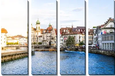 Красивый городской пейзаж с видом на исторический центр города в Люцерне солнечным днём