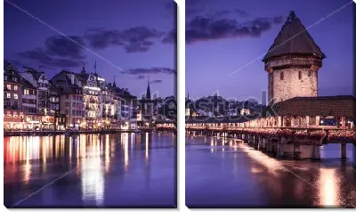 Модульная картина Ночной городской пейзаж Люцерна с отражением в озере