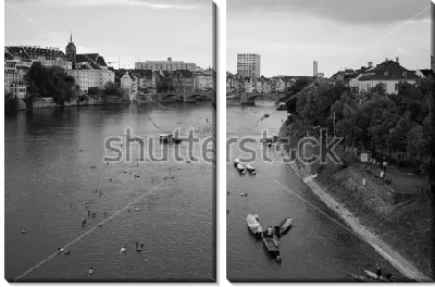 Лето в Базеле - панорама города с видом на купальщиков в Рейне