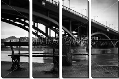 Модульная картина Городской пейзаж Базеля с видом на скамейку на набережной Рейна под мостом