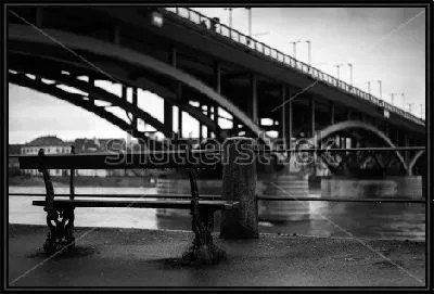 Картина Городской пейзаж Базеля с видом на скамейку на набережной Рейна под мостом