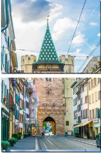 Модульная картина Красивая улица с Воротами Шпалентор в Базеле