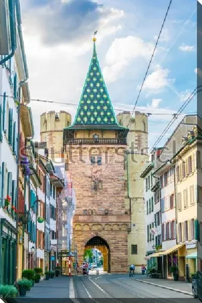 Постер Красивая улица с Воротами Шпалентор в Базеле