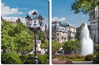 Модульная картина Центральный парк Баден-Бадена с фонтаном и красивыми фонарями