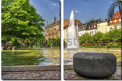 Красивый городской пейзаж с видом на центральный городской фонтан в парке Баден-Бадена