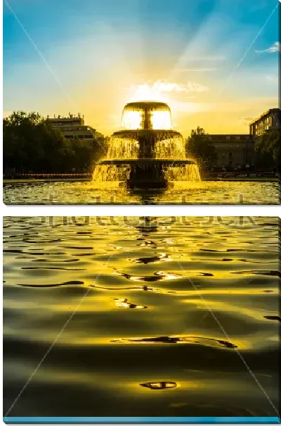 Модульная картина Красивый золотой закат в брызгах фонтана в городском парке Висбадена