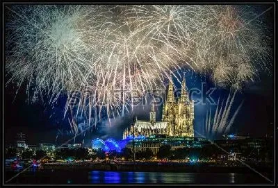 Картина Красивый фейерверк в ночном небе Кёльна на фоне Кёльнского собора