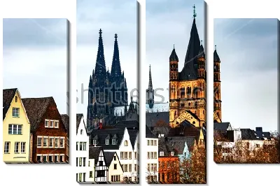Модульная картина Городской пейзаж осеннего Кёльна с разноцветными домами и башнями церкви Святого Мартина и Кёльнского собора